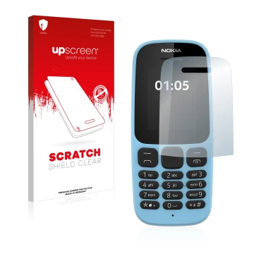 Front side of a product packaging with the brand logo upscreen. Next to it is the device Nokia 105 2019 shown with the corresp