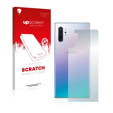 Front side of a product packaging with the brand logo upscreen. Next to it is the device Samsung Galaxy Note 10 Plus (Back) sh