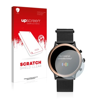 Front side of a product packaging with the brand logo upscreen. Next to it is the device Fossil Julianna HR (5.Gen) shown with