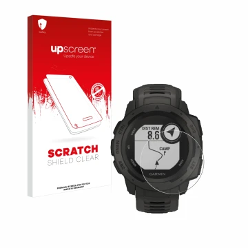 Front side of a product packaging with the brand logo upscreen. Next to it is the device Garmin Instinct Tactical Edition show