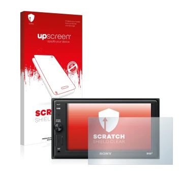 Front side of a product packaging with the brand logo upscreen. Next to it is the device Sony XAV-AX1005DB shown with the corr