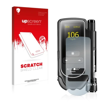 Front side of a product packaging with the brand logo upscreen. Next to it is the device Accu-Chek Mobile shown with the corre