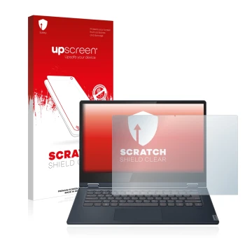Front side of a product packaging with the brand logo upscreen. Next to it is the device Lenovo IdeaPad C340 14