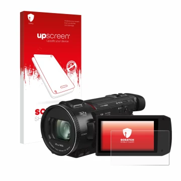 Front side of a product packaging with the brand logo upscreen. Next to it is the device Panasonic HC-VXF11 shown with the cor