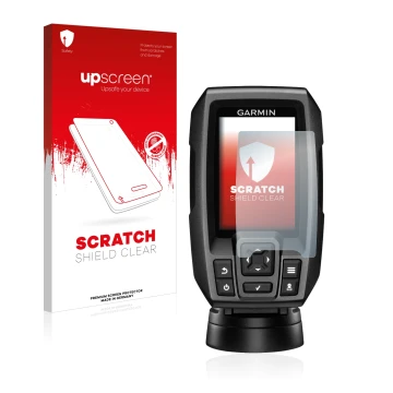 Front side of a product packaging with the brand logo upscreen. Next to it is the device Garmin Striker 4 shown with the corre