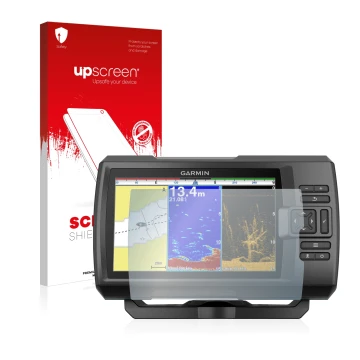Front side of a product packaging with the brand logo upscreen. Next to it is the device Garmin Striker Plus 9sv shown with th