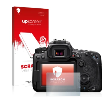 Front side of a product packaging with the brand logo upscreen. Next to it is the device Canon EOS 90D shown with the correspo