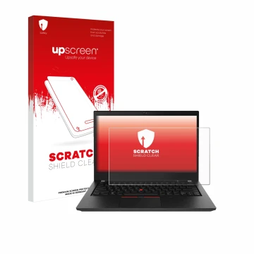 Front side of a product packaging with the brand logo upscreen. Next to it is the device Lenovo ThinkPad T490 Non-Touch shown 