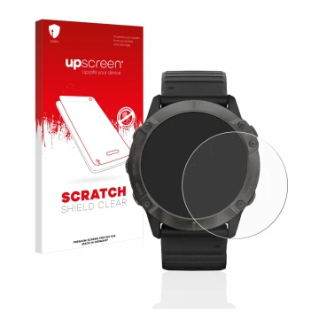 Front side of a product packaging with the brand logo upscreen. Next to it is the device Garmin Fenix 6X Pro shown with the co