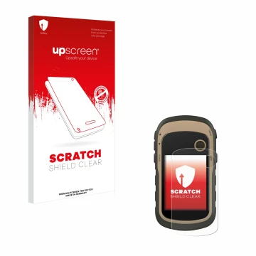 Front side of a product packaging with the brand logo upscreen. Next to it is the device Garmin eTrex 32x shown with the corre