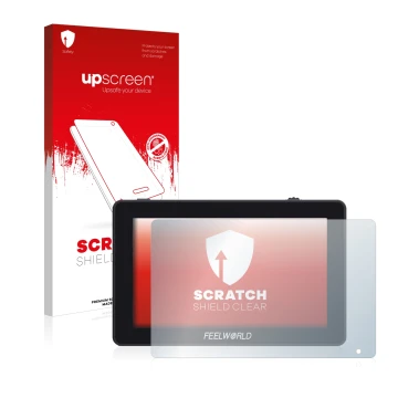 Front side of a product packaging with the brand logo upscreen. Next to it is the device Feelworld F6 Plus shown with the corr
