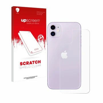 Front side of a product packaging with the brand logo upscreen. Next to it is the device Apple iPhone 11 (Back) shown with the