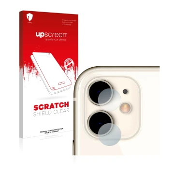 Front side of a product packaging with the brand logo upscreen. Next to it is the device Apple iPhone 11 (ONLY Camera Lens) sh