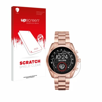 Front side of a product packaging with the brand logo upscreen. Next to it is the device Michael Kors Access Bradshaw 2 shown 