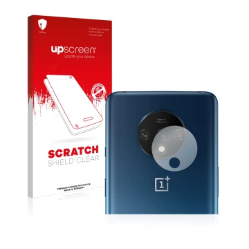Front side of a product packaging with the brand logo upscreen. Next to it is the device OnePlus 7T (ONLY Camera Lens) shown w