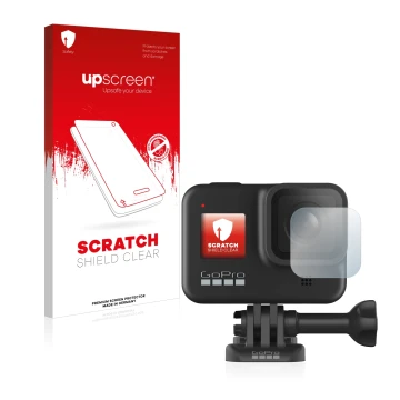 Front side of a product packaging with the brand logo upscreen. Next to it is the device GoPro Hero 8 Black (Lens) shown with 