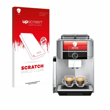 Front side of a product packaging with the brand logo upscreen. Next to it is the device Siemens EQ.9 plus connect s700 4,3