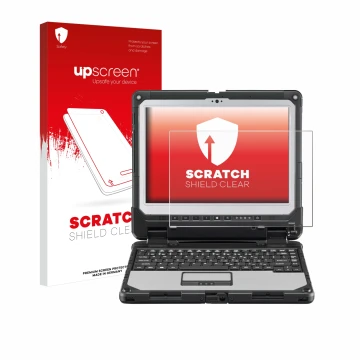 Front side of a product packaging with the brand logo upscreen. Next to it is the device Panasonic Toughbook CF-33 shown with 