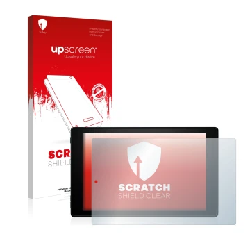 Front side of a product packaging with the brand logo upscreen. Next to it is the device Amazon Fire HD 10 2019 (9th Gen.) sho