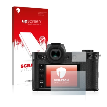 Front side of a product packaging with the brand logo upscreen. Next to it is the device Leica SL2 shown with the correspondin