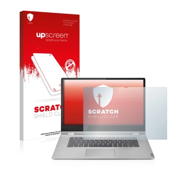 Front side of a product packaging with the brand logo upscreen. Next to it is the device Lenovo IdeaPad C340 15