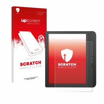 Front side of a product packaging with the brand logo upscreen. Next to it is the device Tolino Vision 5 shown with the corres