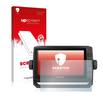 Front side of a product packaging with the brand logo upscreen. Next to it is the device Garmin ECHOMAP UHD 92sv shown with th