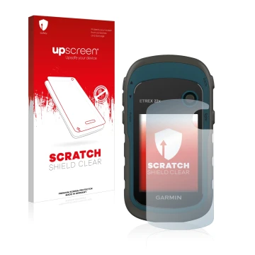 Front side of a product packaging with the brand logo upscreen. Next to it is the device Garmin eTrex 22x shown with the corre