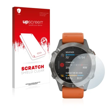 Front side of a product packaging with the brand logo upscreen. Next to it is the device Garmin Fenix 6 shown with the corresp