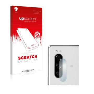 Front side of a product packaging with the brand logo upscreen. Next to it is the device Sony Xperia 5 (ONLY Camera Lens) show