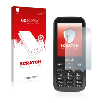 Front side of a product packaging with the brand logo upscreen. Next to it is the device Doro 7010 shown with the correspondin