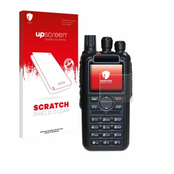 Front side of a product packaging with the brand logo upscreen. Next to it is the device AnyTone AT-D878UV Plus shown with the