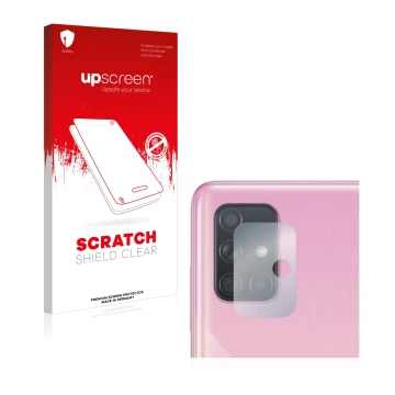 Front side of a product packaging with the brand logo upscreen. Next to it is the device Samsung Galaxy A51 (ONLY Camera Lens)