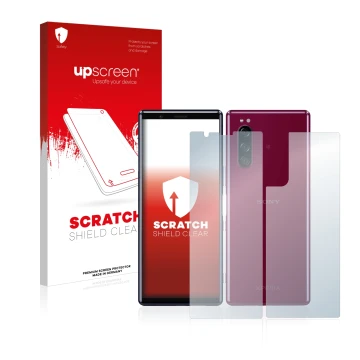 Front side of a product packaging with the brand logo upscreen. Next to it is the device Sony Xperia 5 (Front+Back) shown with