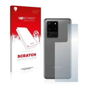 Front side of a product packaging with the brand logo upscreen. Next to it is the device Samsung Galaxy S20 Ultra (Back) shown