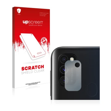 Front side of a product packaging with the brand logo upscreen. Next to it is the device Samsung Galaxy M30s (ONLY Camera Lens