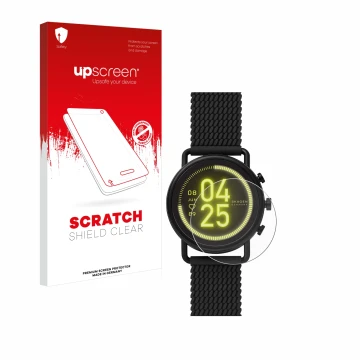 Front side of a product packaging with the brand logo upscreen. Next to it is the device Skagen Smartwatch Falster 3 shown wit