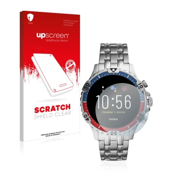 Front side of a product packaging with the brand logo upscreen. Next to it is the device Fossil Garrett HR (5. Gen) shown with