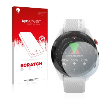 Front side of a product packaging with the brand logo upscreen. Next to it is the device Garmin Approach S62 shown with the co
