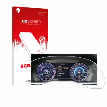 Front side of a product packaging with the brand logo upscreen. Next to it is the device Volkswagen Passat Active Info Cockpit