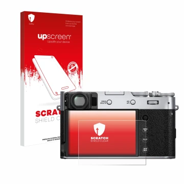 Front side of a product packaging with the brand logo upscreen. Next to it is the device Fujifilm X100V shown with the corresp