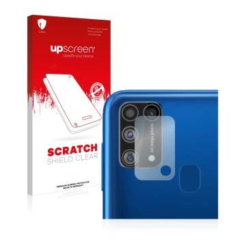 Front side of a product packaging with the brand logo upscreen. Next to it is the device Samsung Galaxy M31 (ONLY Camera Lens)