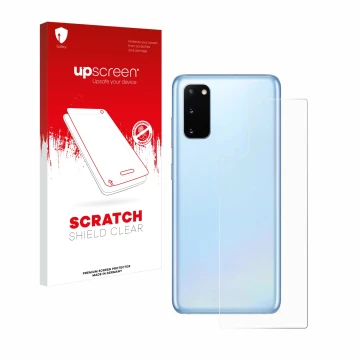 Front side of a product packaging with the brand logo upscreen. Next to it is the device Samsung Galaxy S20 5G (Back) shown wi