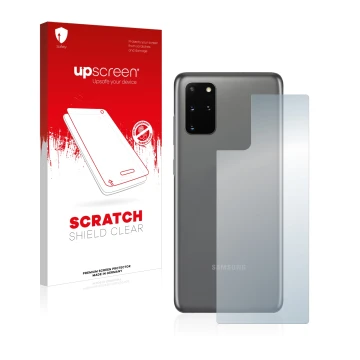 Front side of a product packaging with the brand logo upscreen. Next to it is the device Samsung Galaxy S20 Plus 5G (Back) sho