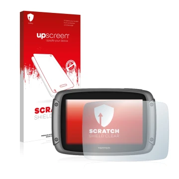 Front side of a product packaging with the brand logo upscreen. Next to it is the device TomTom Rider 50 shown with the corres
