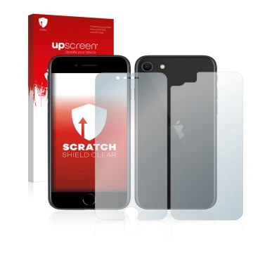 Front side of a product packaging with the brand logo upscreen. Next to it is the device Apple iPhone SE 2 2020 (Front+Back) s