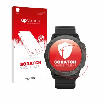 Front side of a product packaging with the brand logo upscreen. Next to it is the device Garmin Fenix 6X Pro Solar shown with 