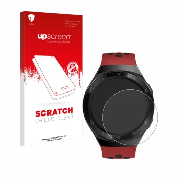 Front side of a product packaging with the brand logo upscreen. Next to it is the device Huawei Watch GT 2e shown with the cor