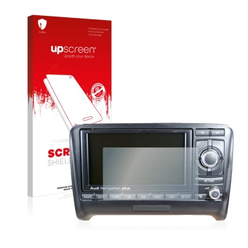 Front side of a product packaging with the brand logo upscreen. Next to it is the device Audi A3 8P 2004-2012 RNS-E shown with