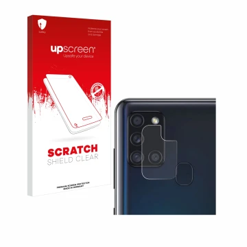 Front side of a product packaging with the brand logo upscreen. Next to it is the device Samsung Galaxy A21s (ONLY Camera Lens